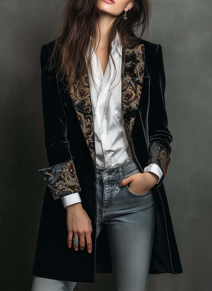 Blazer Slim Fit Nero con Stampa Barocca da Donna