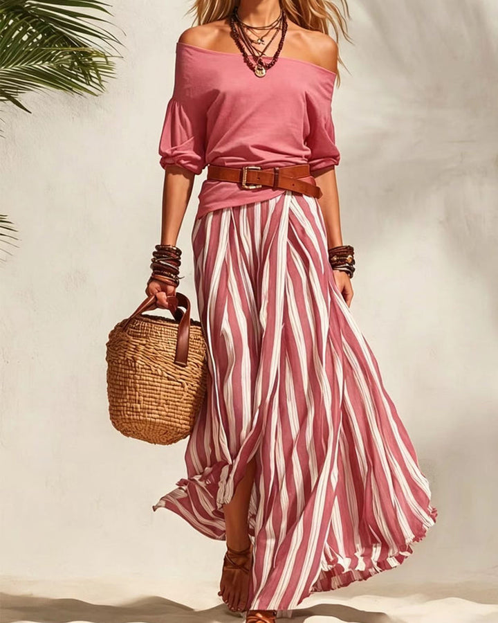 MADISON | Set Gonna Maxi a Strisce con Top Off-Shoulder