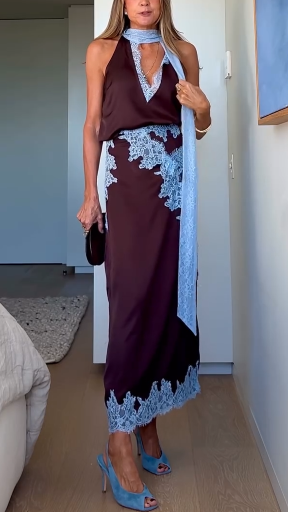 Completo Elegante con Top in Pizzo Marrone e Blu + Gonna