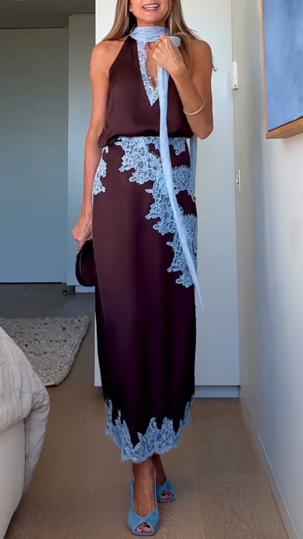 Elegante Completo Top e Gonna con Pannello in Pizzo Marrone e Blu
