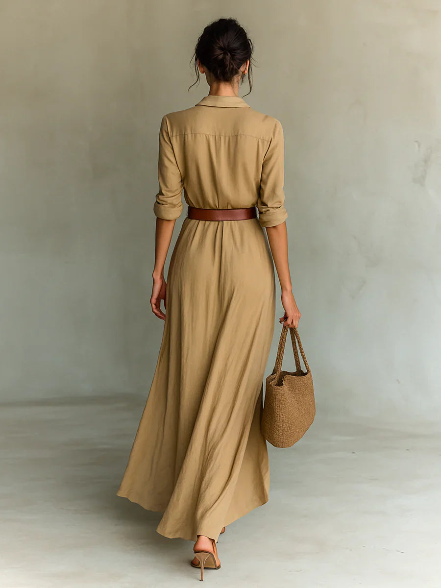 Abito Maxi con Collo a Revers e Maniche Lunghe per Signore