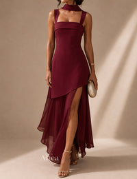 Celia Vestito Maxi Borgogna con Dettaglio di Fiocco e Gonna in Georgette