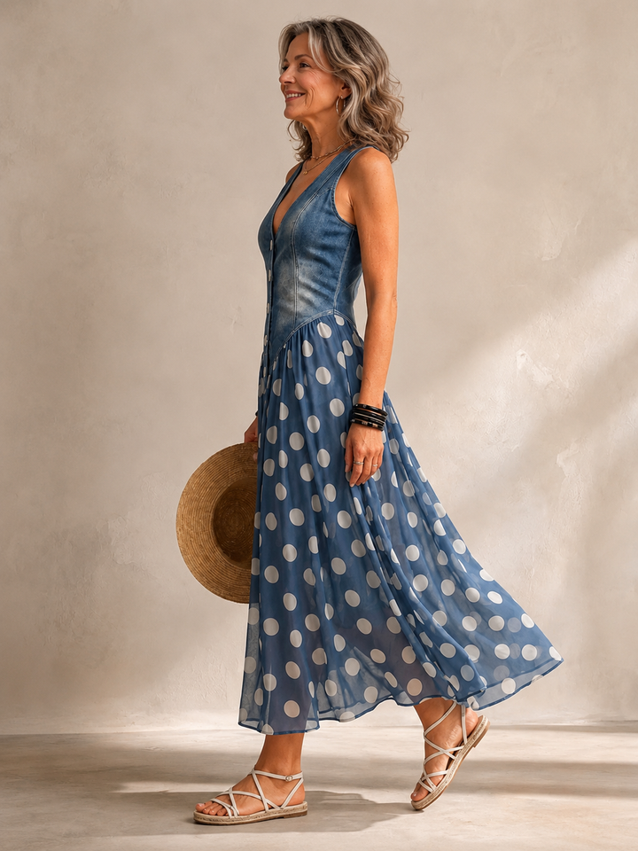 ADELINE | ABITO LUNGO IN DENIM A POIS