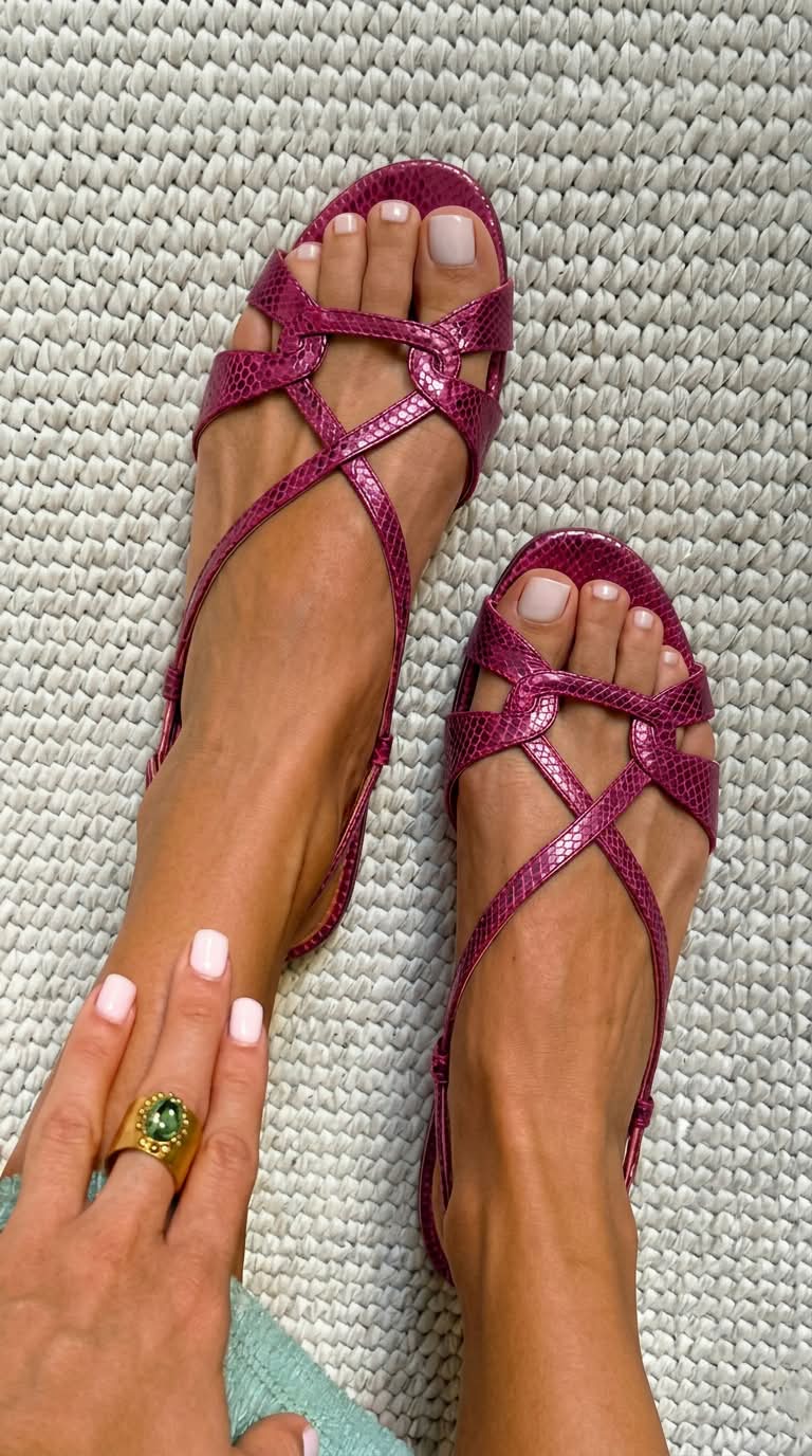 Sandali Flat Slingback con Effetto Serpente in Bronzo e Punta Aperta