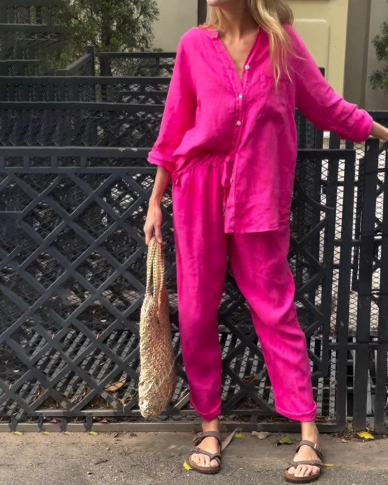 Set di due pezzi in cotone e lino con camicia e pantaloni a V collo in tinta unita
