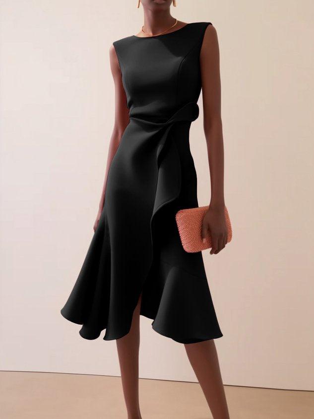 Abito Midi Elegante Rosso Senza Maniche A-Line con Nodo in Vita per Giorno e Notte