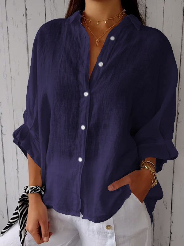 Camicia Casual in Cotone e Lino a Colore Unito
