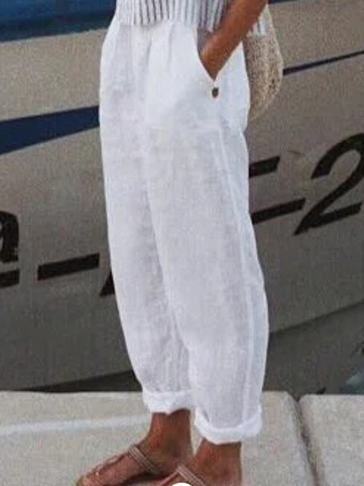 Pantaloni Casual in Cotone e Lino a Colore Unito