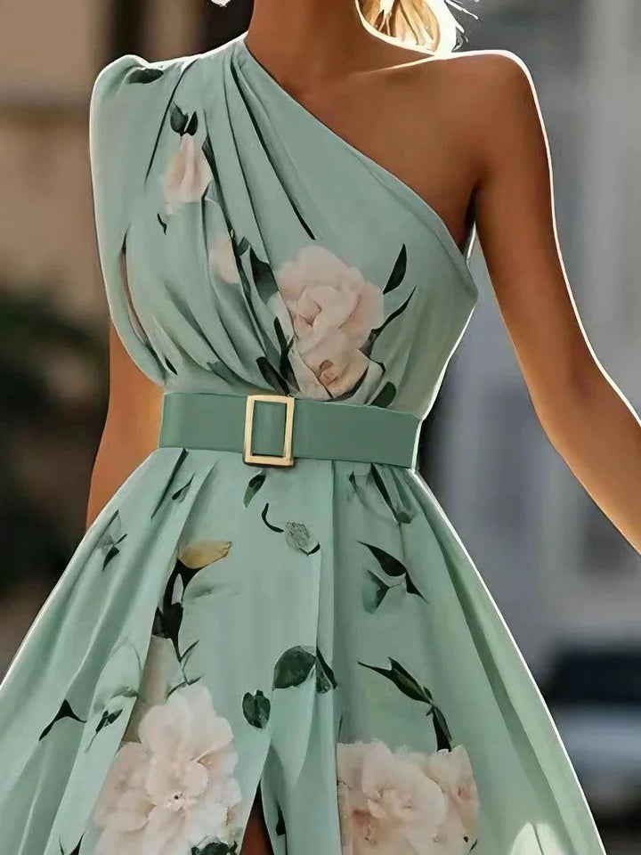 Abito Maxi Chiffon A-Line Verde Chiaro con Fiori Arricciato a Spalla Unica