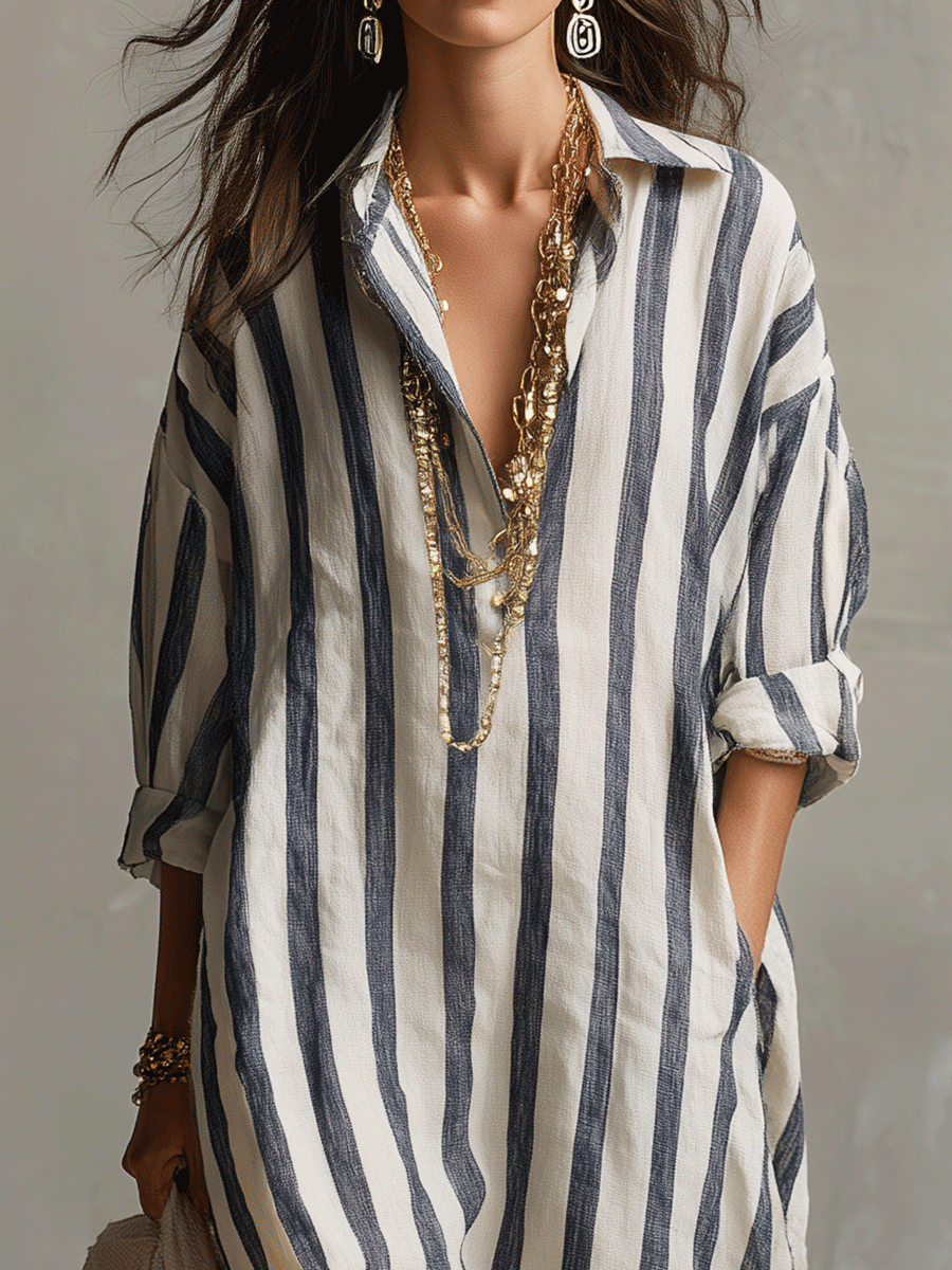 Abito Maxi Stile Bohemien con Camicia a Righe Casual