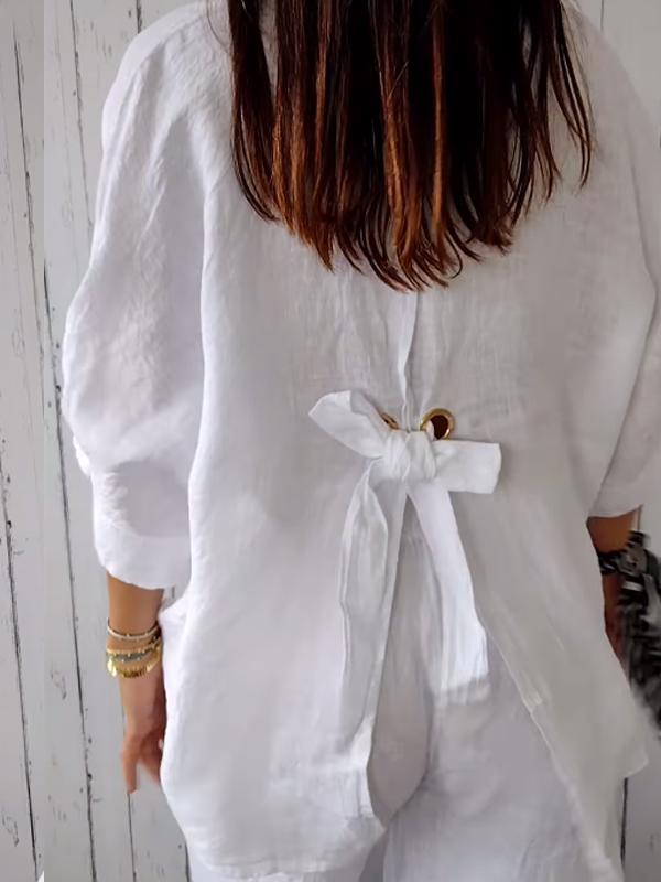 Camicia Casual in Cotone e Lino a Colore Unito