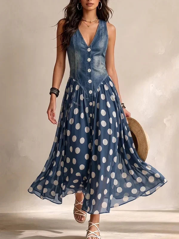 Abito Elegante Effetto Jeans con Gonna in Chiffon a Pois
