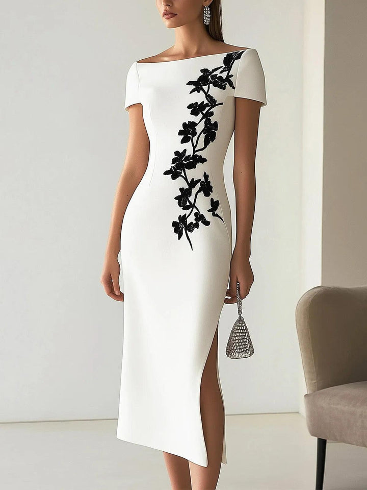 Abito Midi con Stampa Floreale Chic e Collo a Barca