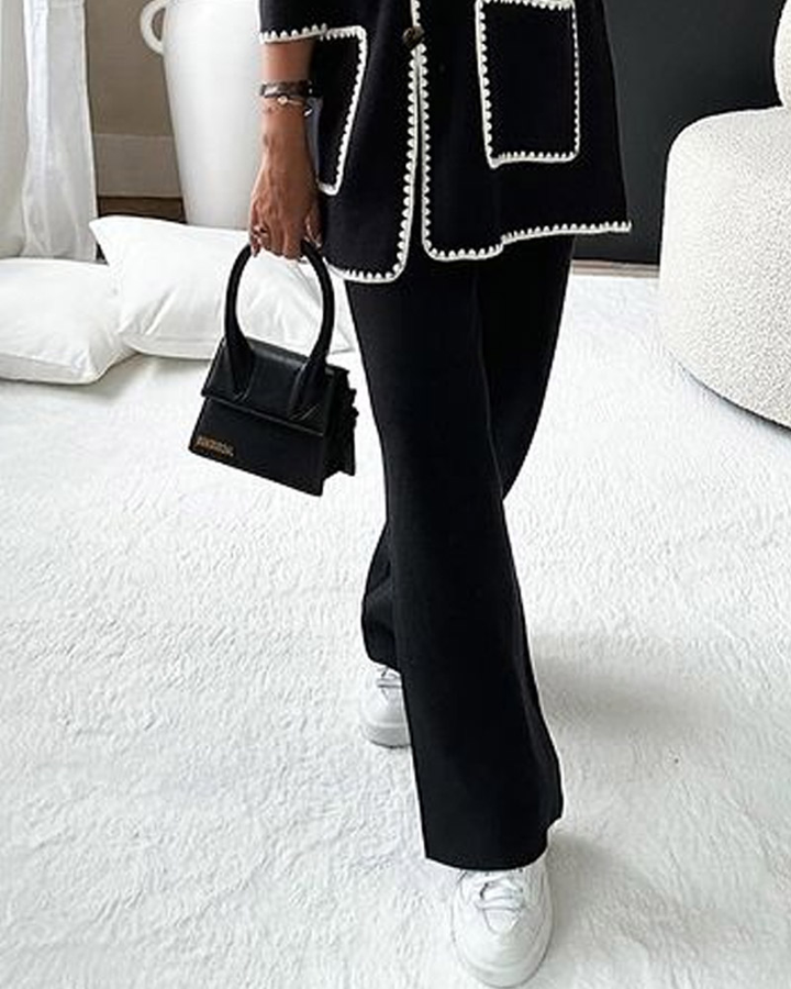 Giacca Decorata ai Bordi e Pantaloni Casual Set a Due Pezzi