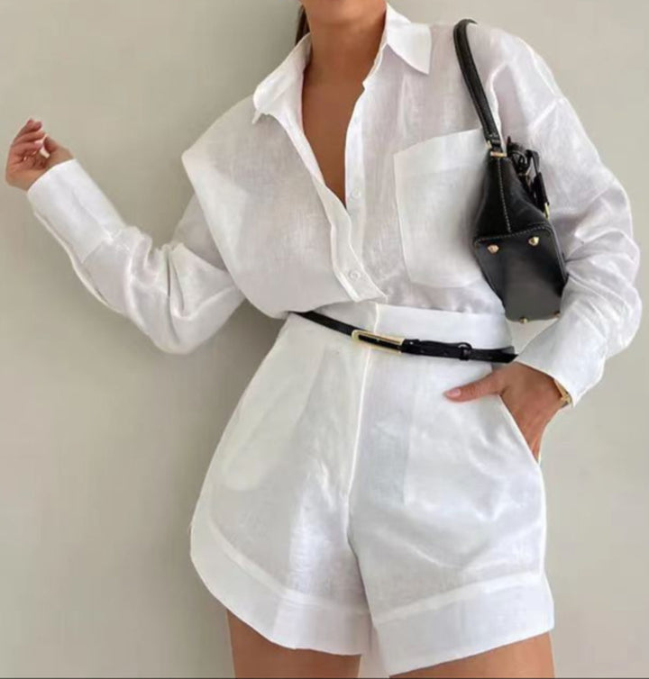 Set di pantaloni corti larghi a maniche lunghe in cotone e lino