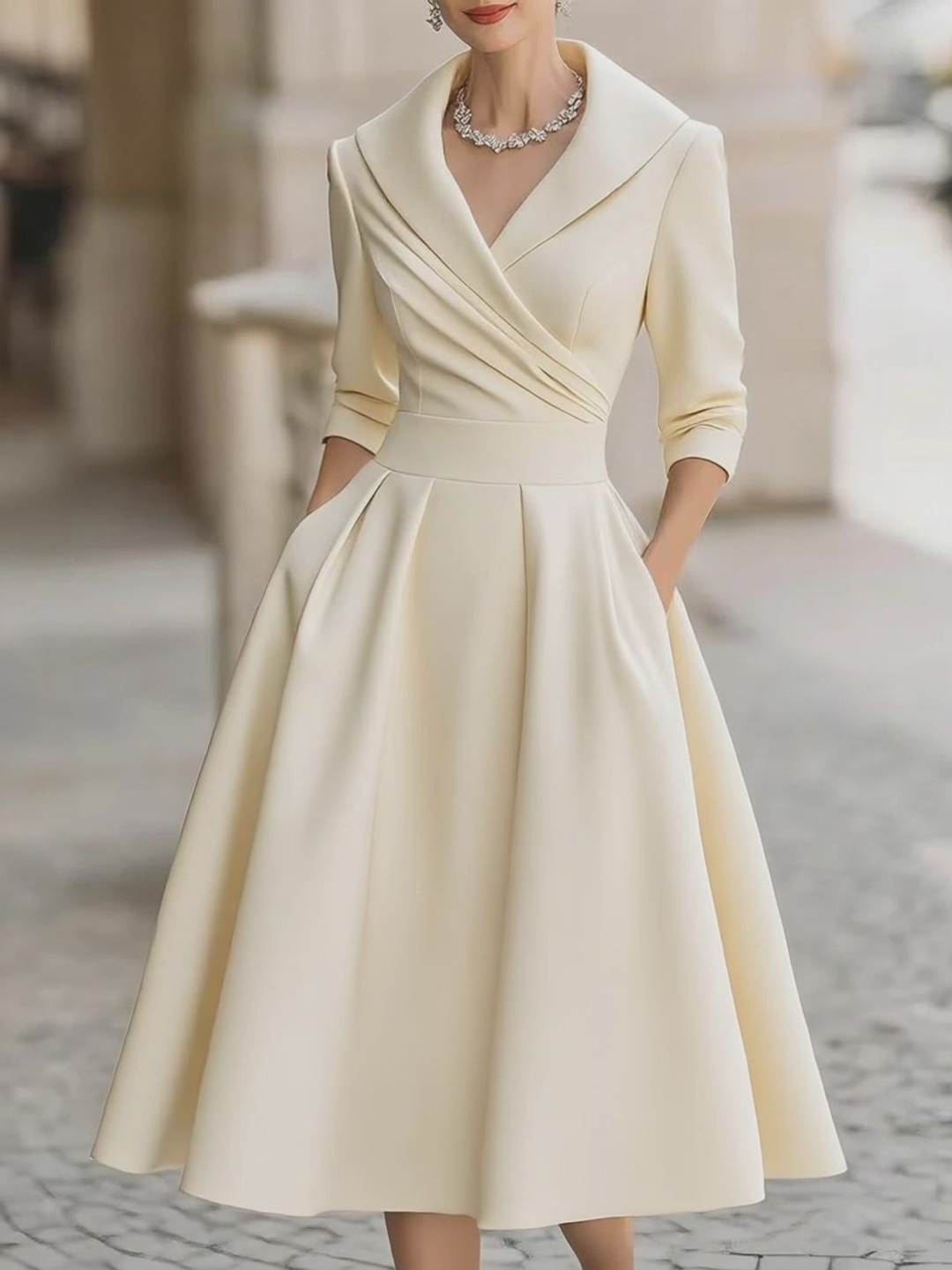 Elegante Vestito Midi A-Line in Satin Nero Plissettato con Scollatura a V