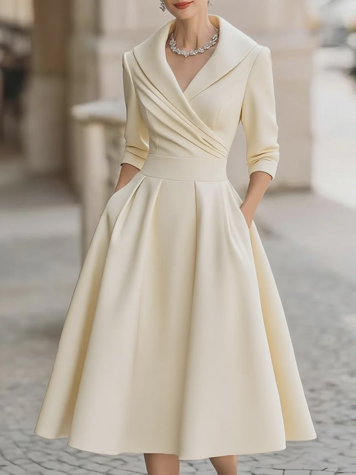 Elegante Abito Midi Plissettato in Raso Nero con Scollatura a V