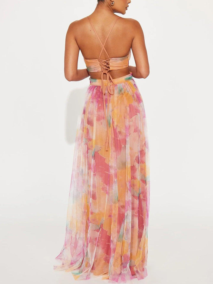 Abito Maxi A-Line V-Neck con Stampa Floreale Elegante