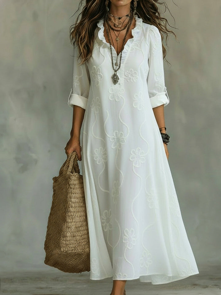 Abito Midi con Collo Ruffle a Stampa Floreale Elegante