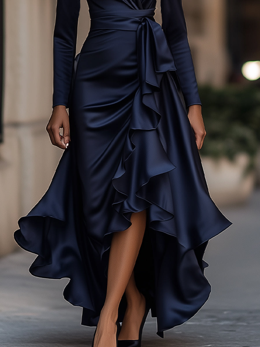 Palma | Abito Maxi in Satin Drappeggiato con Dettagli a Volant