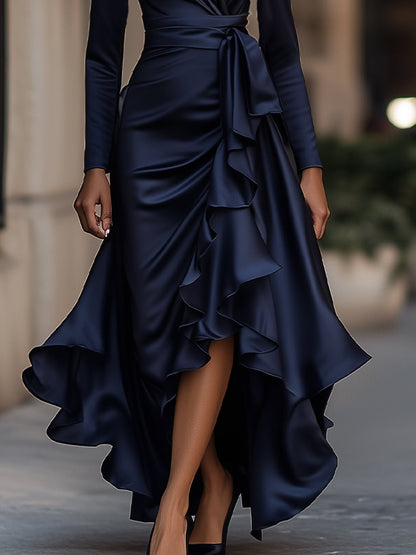 Palma | Abito Maxi in Satin Drappeggiato con Dettagli a Volant