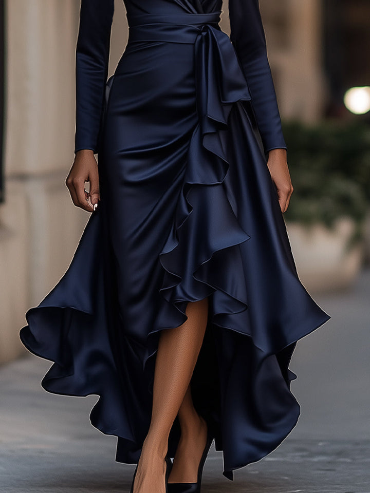 Palma | Abito Maxi in Satin Drappeggiato con Dettagli a Volant
