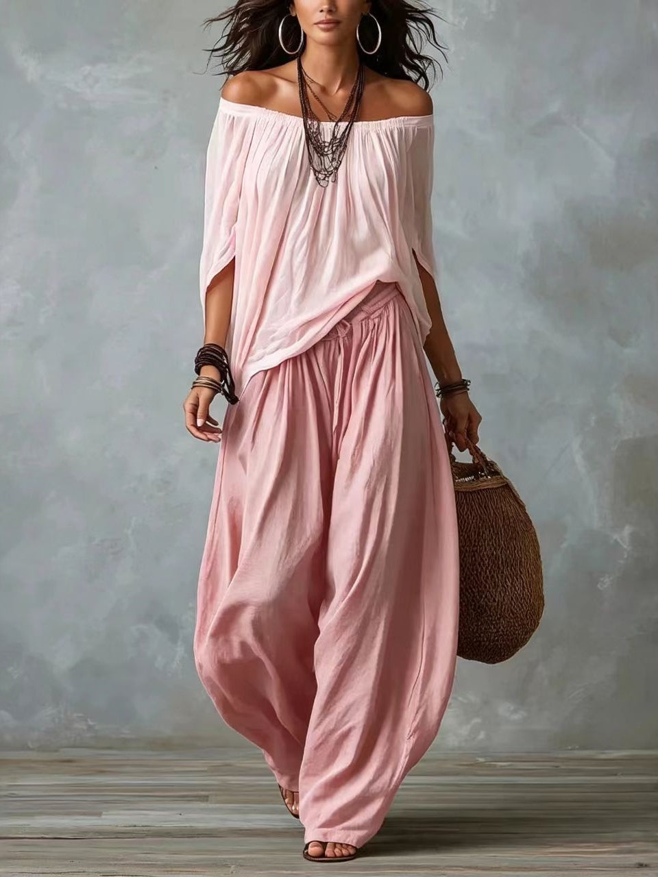 Top Bianco Off-the-shoulder e Set di Pantaloni Lantern Larghe