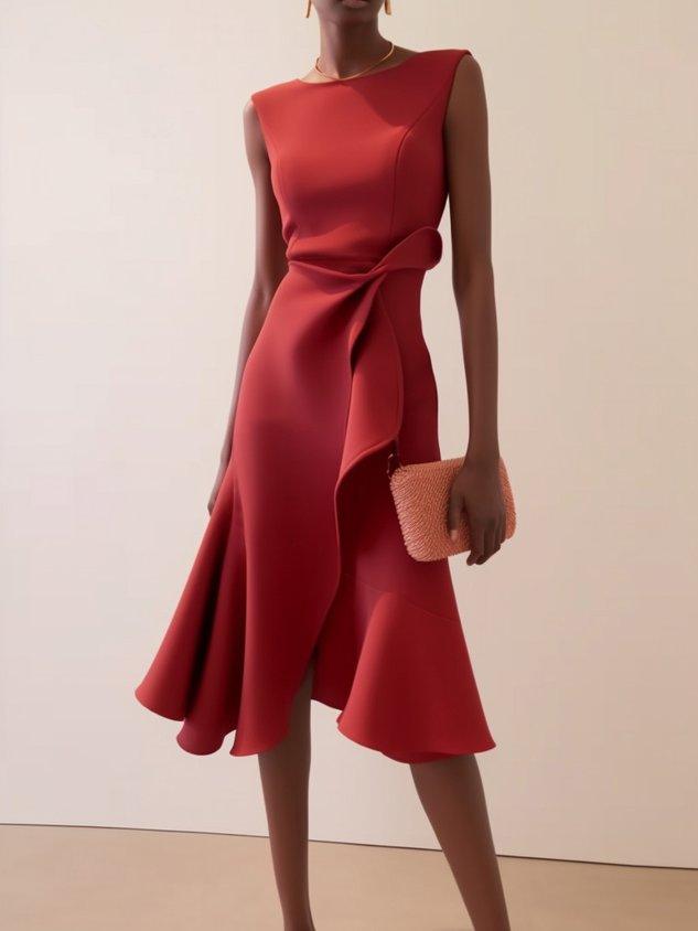 Abito Elegante Midi Rosso Senza Maniche con Nodo in Vita per Giorno e Notte
