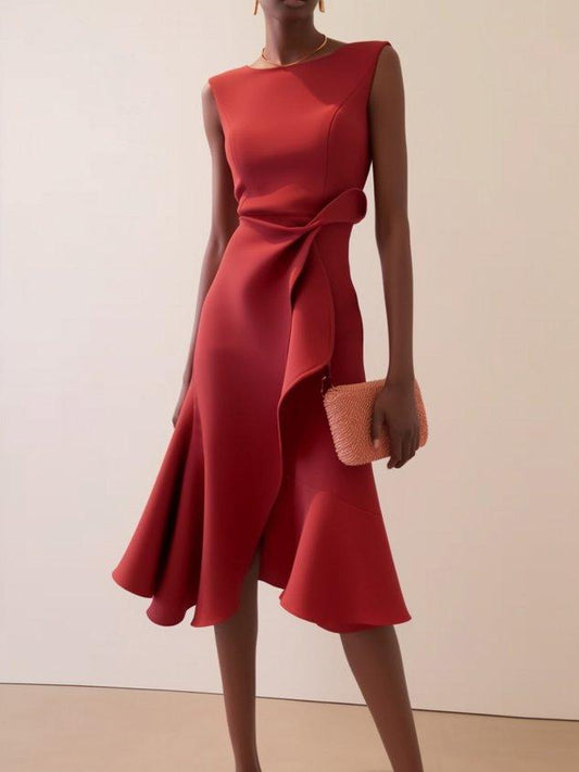 Abito Elegante Midi Rosso Senza Maniche con Nodo in Vita per Giorno e Notte