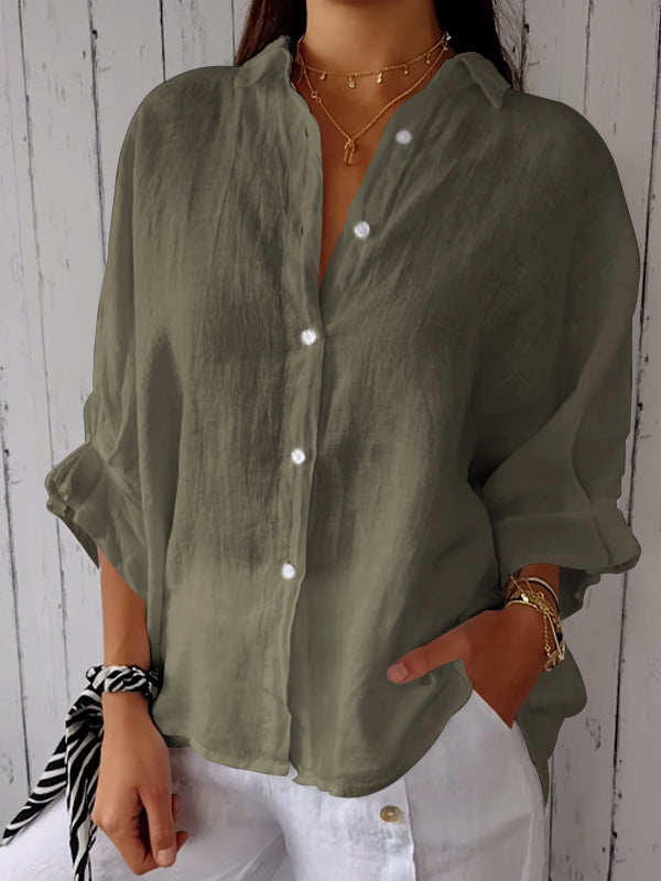 Camicia Casual in Cotone e Lino a Colore Unito