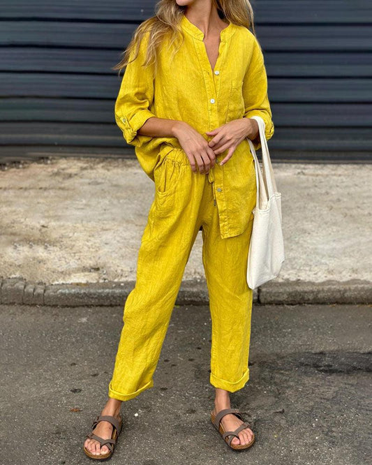 Set di Due Pezzi in Cotone Lino con Maglietta e Pantaloni V-Neck a Colore Solido