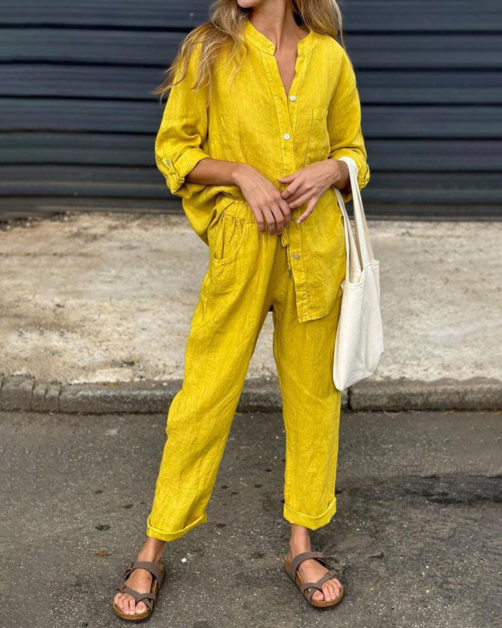 Set di Due Pezzi in Cotone Lino con Maglietta e Pantaloni V-Neck a Colore Solido