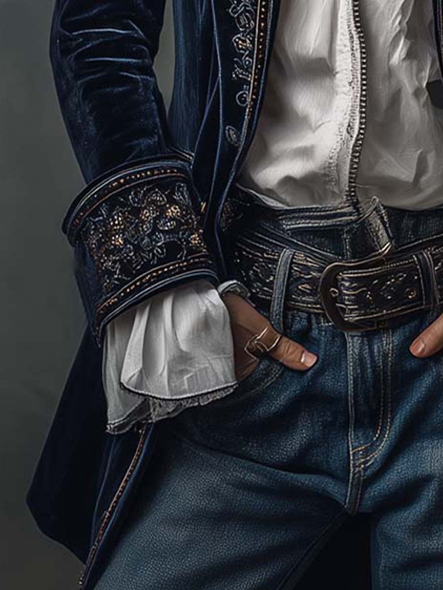 Giacca Lunga Vintage Ricamata da Donna in Blu Navy