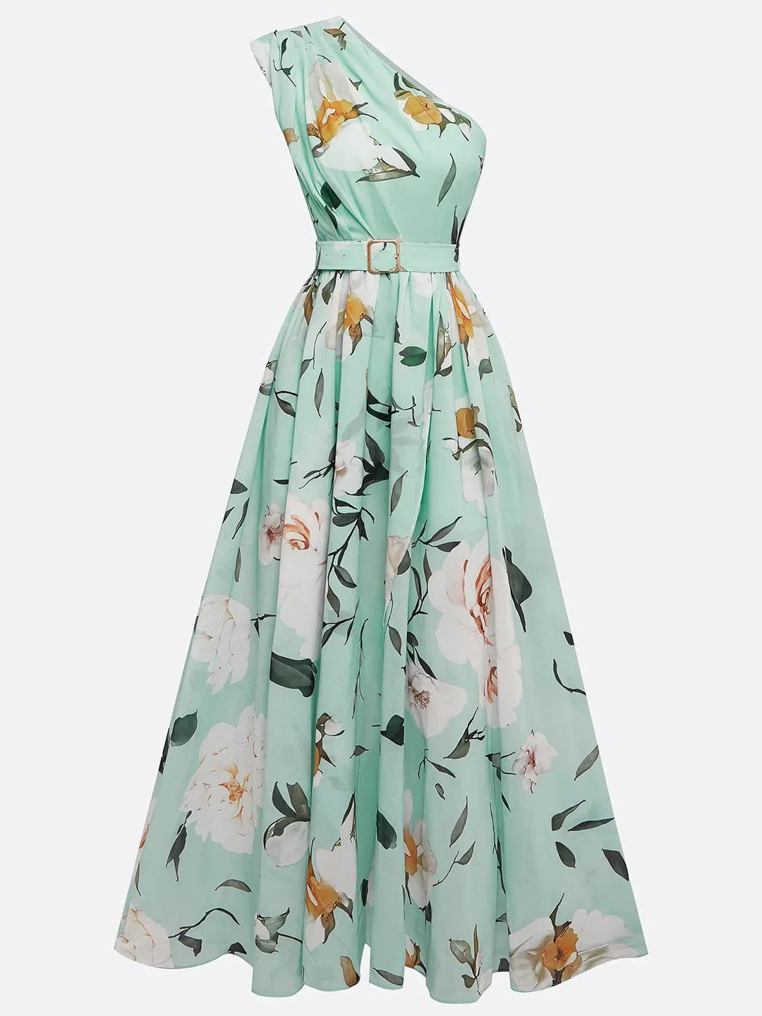 Abito Maxy in Chiffon Verde Chiaro a Fiori con Spalla Scoperta
