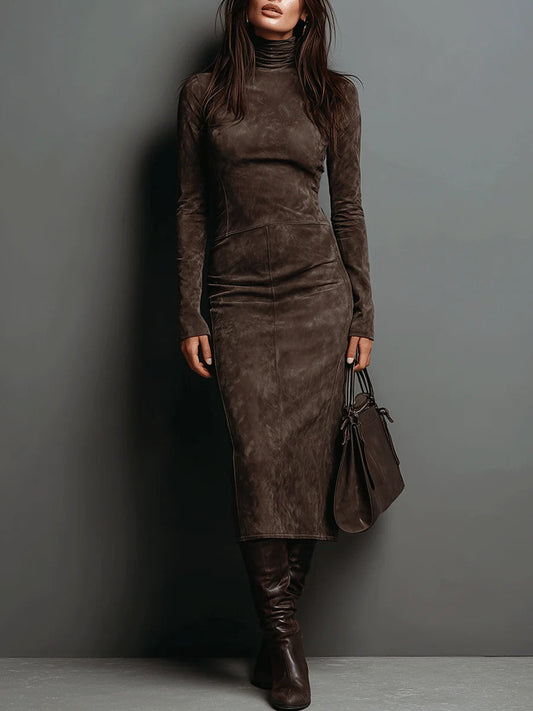 Abito Midi in Suede con Collo Alto e Maniche Lunghe
