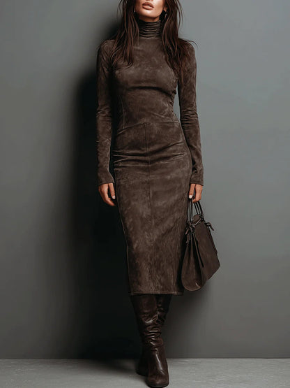 Abito Midi in Suede con Collo Alto e Maniche Lunghe