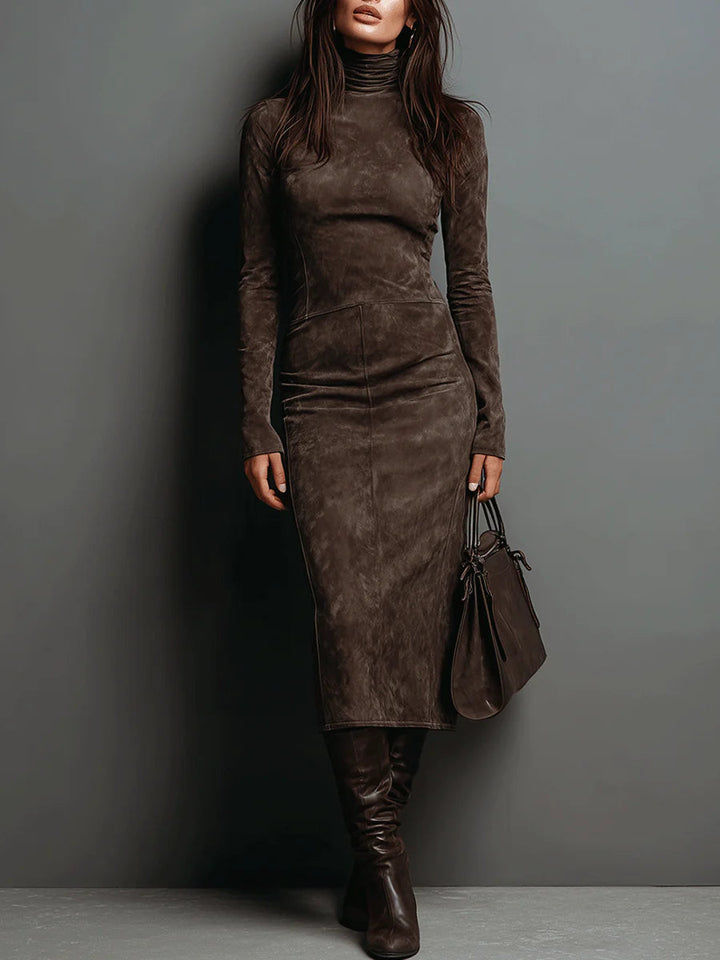 Abito Midi in Suede con Collo Alto e Maniche Lunghe