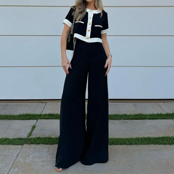 Set Due Pezzi Top Corto Casual Elegante e Pantaloni a Gamba Dritta