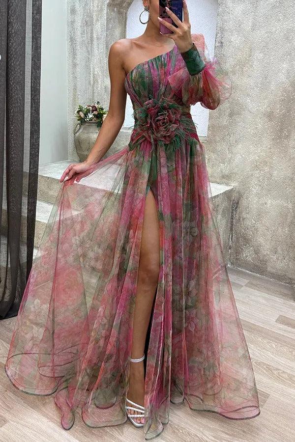 Abito Maxi in Tulle a Fiori Plissettato con Manica a Spalla Unica
