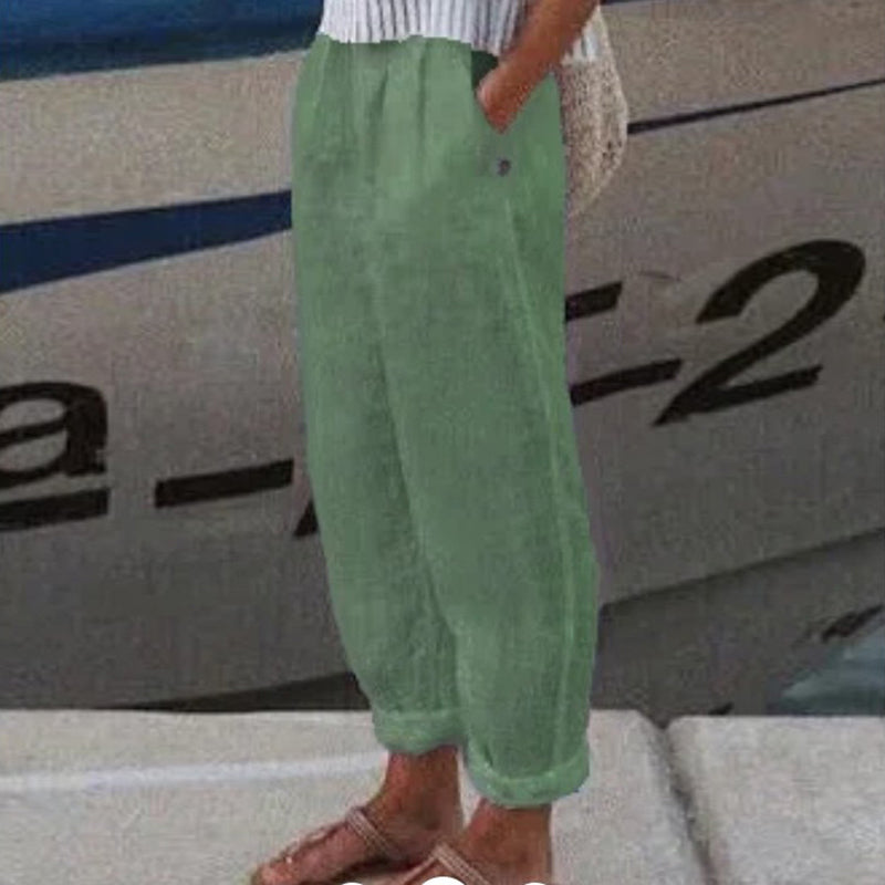 Pantaloni Casual in Cotone e Lino a Colore Unito