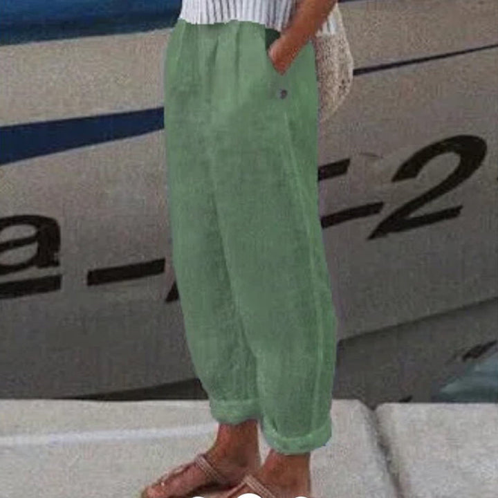 Pantaloni Casual in Cotone e Lino a Colore Unito