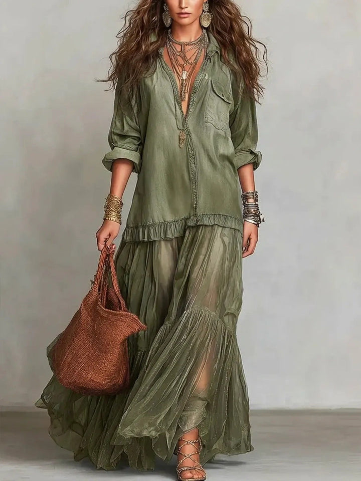 Abito Maxi in Denim Blu Finto con Collo Camicia e Tasche Trasparenti