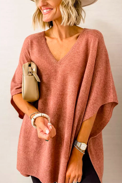 Poncho Maglione Solido con Collo a V e Vestibilità Larga