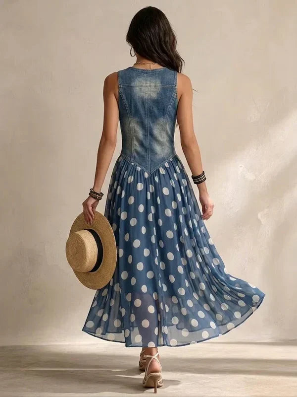 Abito Elegante Effetto Jeans con Gonna in Chiffon a Pois