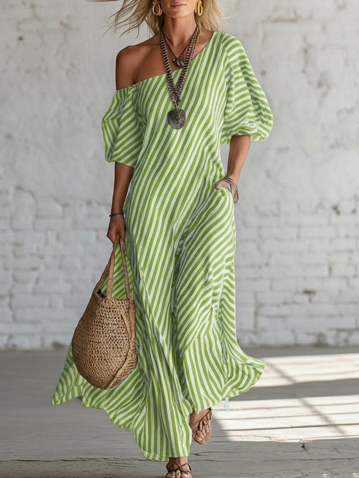 Abito Maxi Elegante e Classico a Righe con Spalle Scoperte