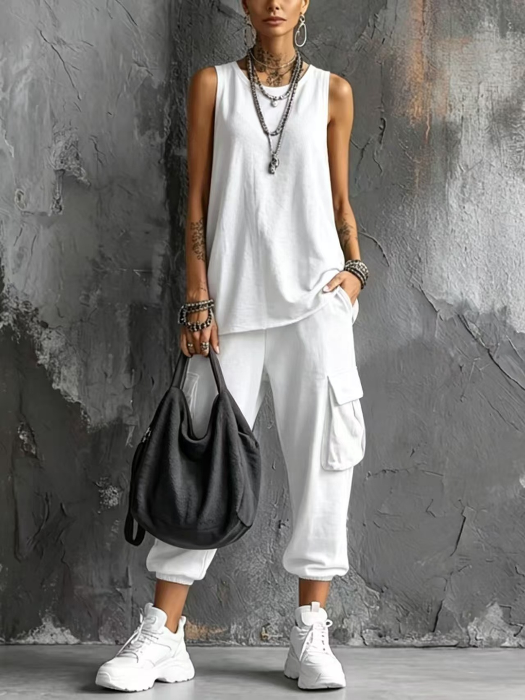 Completo Casual con Gilet Grigio Scuro e Pantaloni Cargo Jogger