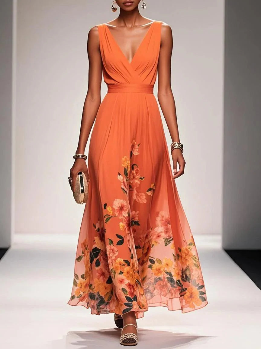 Abito Maxy A-Line Senza Maniche V in Chiffon Blu Chiaro con Fiori
