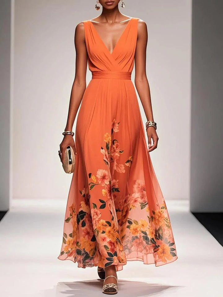 Abito Maxy A-Line Senza Maniche V in Chiffon Blu Chiaro con Fiori