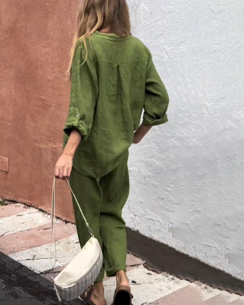 Set di Due Pezzi in Cotone Lino con Maglietta e Pantaloni V-Neck a Colore Solido