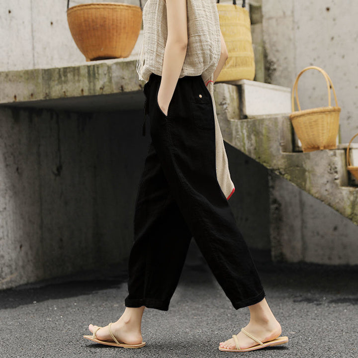 Pantaloni Casual Larghi in Cotone e Lino a Colore Unito